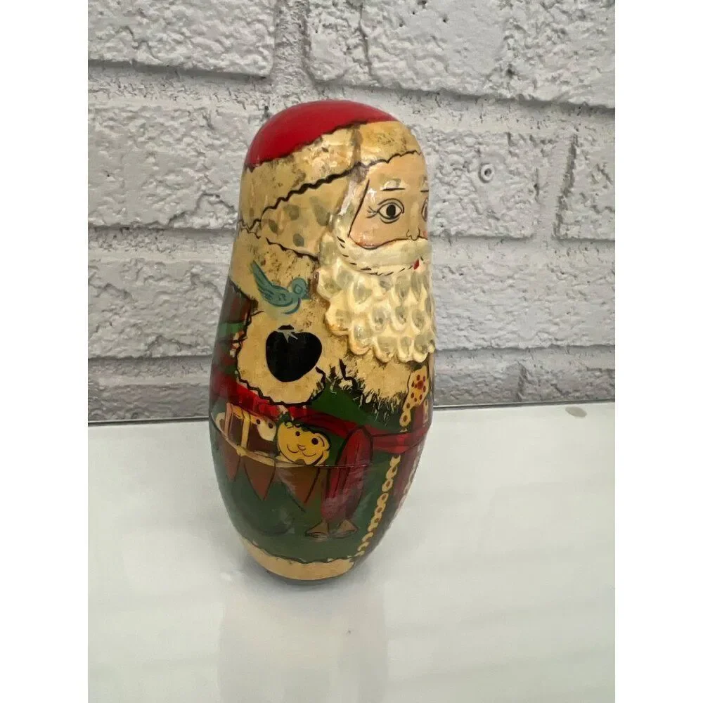 Vintage Russian Santa Claus Hand Painted Wood Nesting Dolls 5 PCS